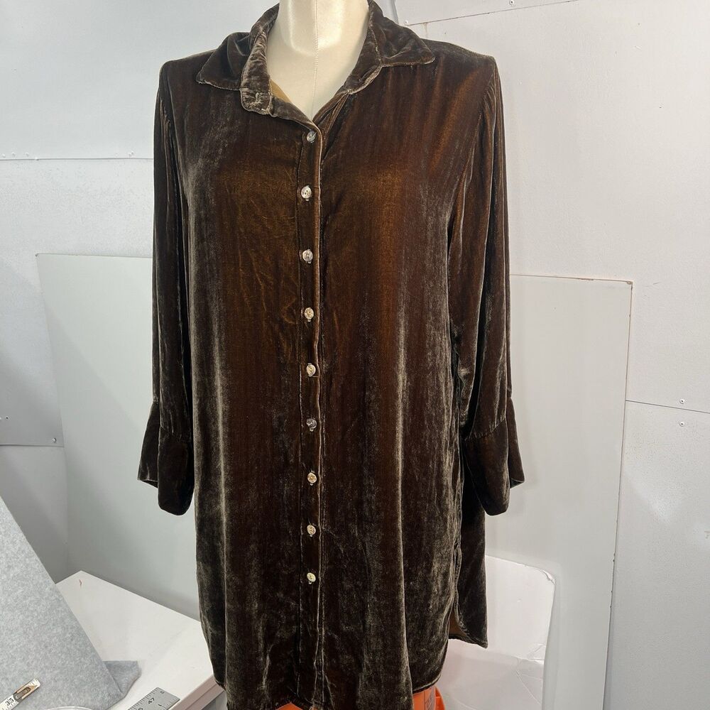 Cut Loose Velvet Easy Shirt Tunic Top Large Brown Silk Rayon Button lagenlook